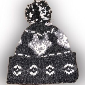 American Eagle Wool Blend Cozy Knit Pom-Pom Beanie Toboggan Hat Fair Isle Wolf